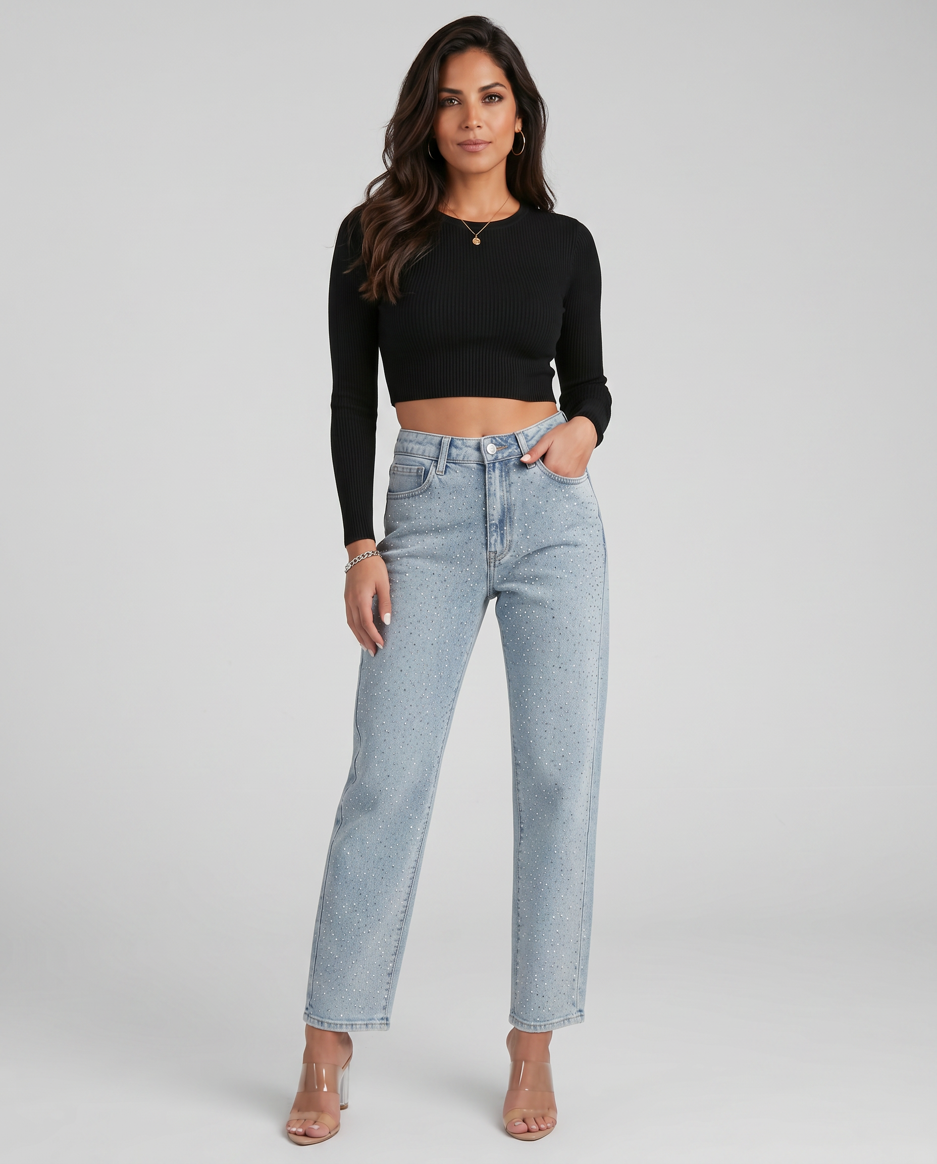 Women's High-Waist Shimmer Jeans Outfit for Work Casual Days Holidays and Everyday Wear