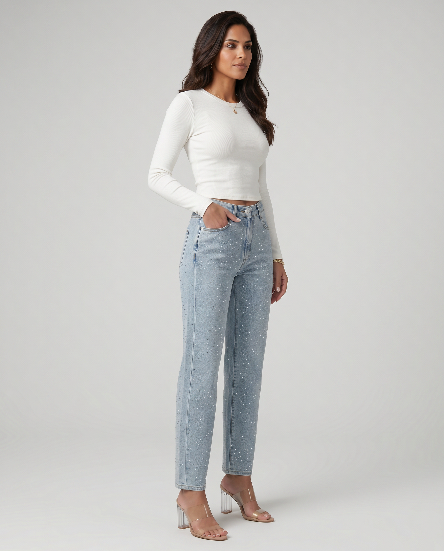 Women's High-Waist Shimmer Jeans Outfit for Work Casual Days Holidays and Everyday Wear