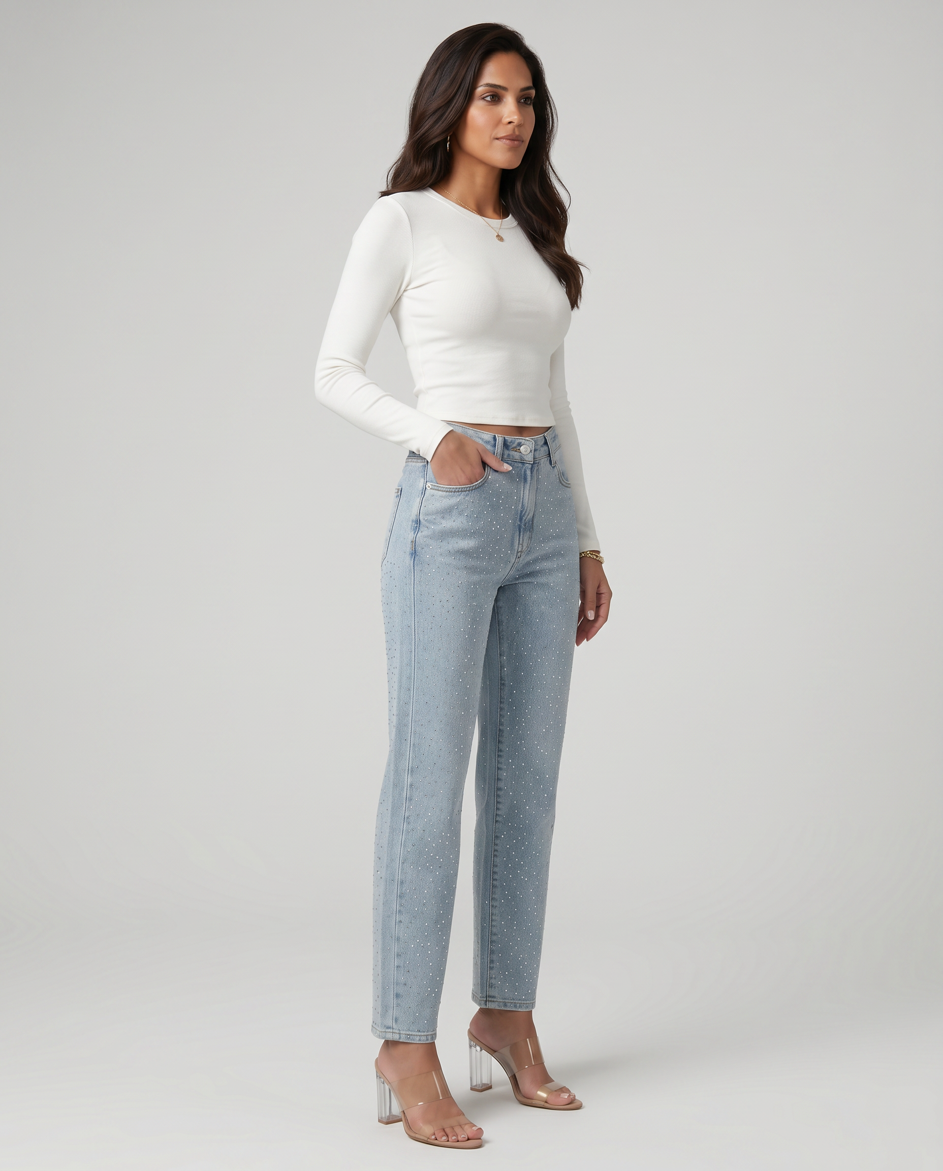 Women's High-Waist Shimmer Jeans Outfit for Work Casual Days Holidays and Everyday Wear