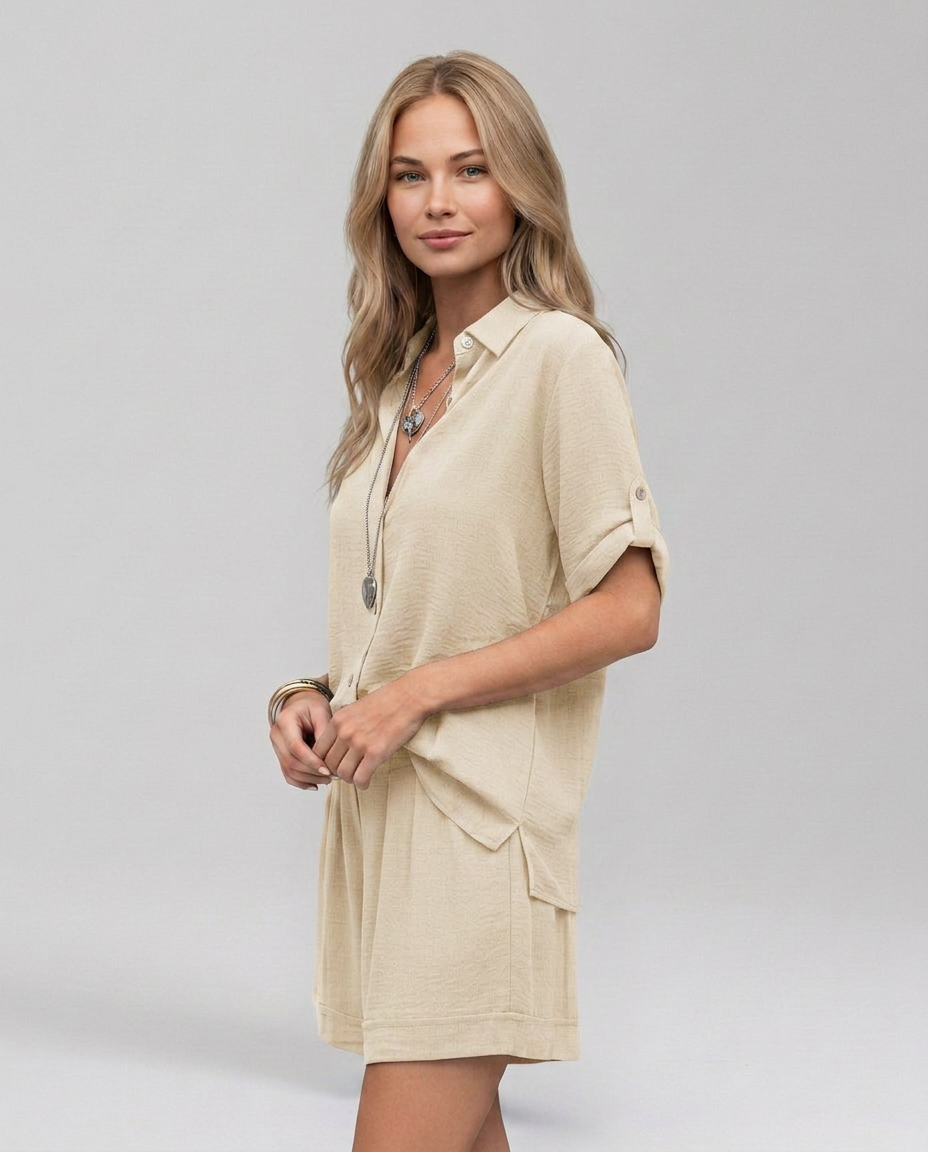 Women's Casual Short Sleeve Button Front Set Outfit for Work Casual Days Holidays and Everyday Wear