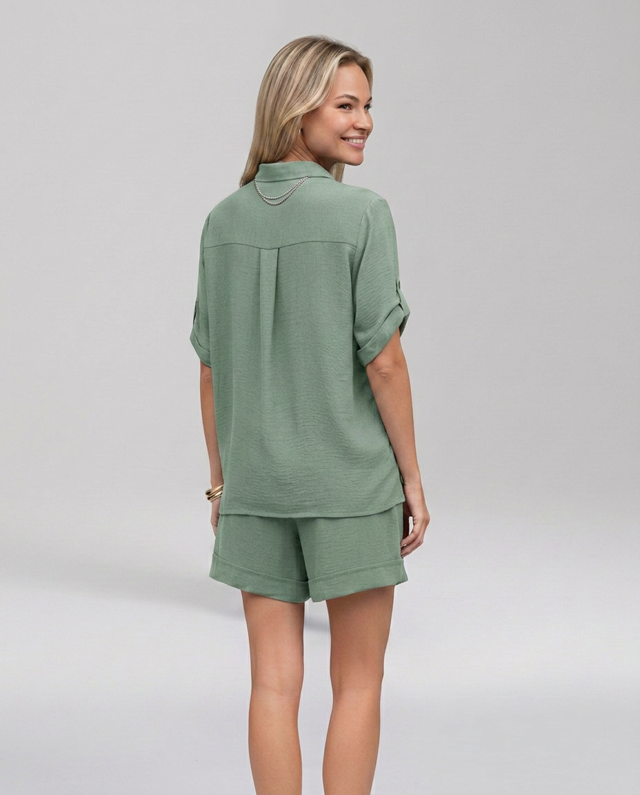 Women's Casual Short Sleeve Button Front Set Outfit for Work Casual Days Holidays and Everyday Wear