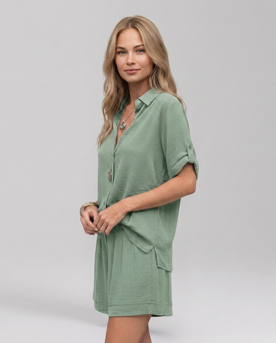 Women's Casual Short Sleeve Button Front Set Outfit for Work Casual Days Holidays and Everyday Wear