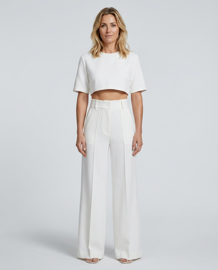 Women's Crop Top Wide-Leg Trousers Pants Set Outfit for Work Brunch Casual Days and Everyday Wear