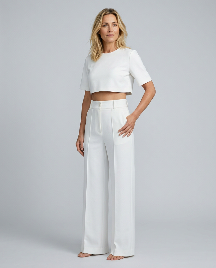 Women's Crop Top Wide-Leg Trousers Pants Set Outfit for Work Brunch Casual Days and Everyday Wear