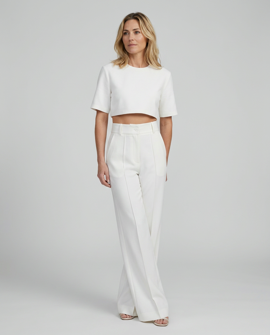 Women's Crop Top Wide-Leg Trousers Pants Set Outfit for Work Brunch Casual Days and Everyday Wear