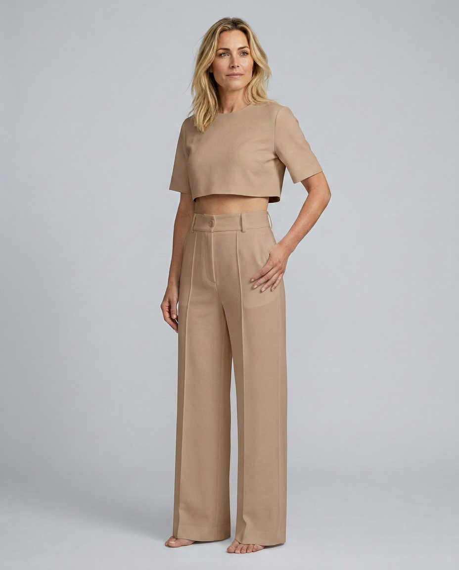 Women's Crop Top Wide-Leg Trousers Pants Set Outfit for Work Brunch Casual Days and Everyday Wear