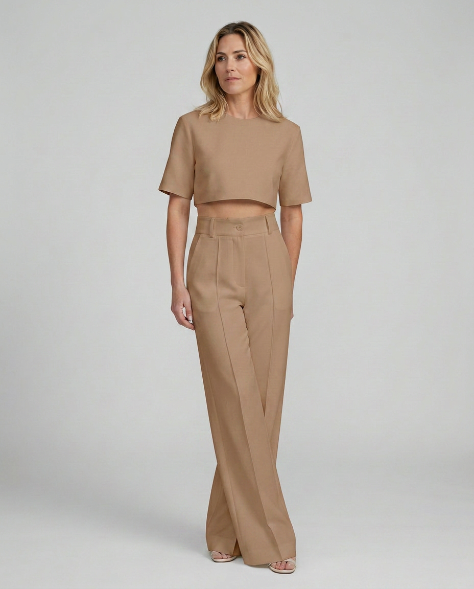 Women's Crop Top Wide-Leg Trousers Pants Set Outfit for Work Brunch Casual Days and Everyday Wear