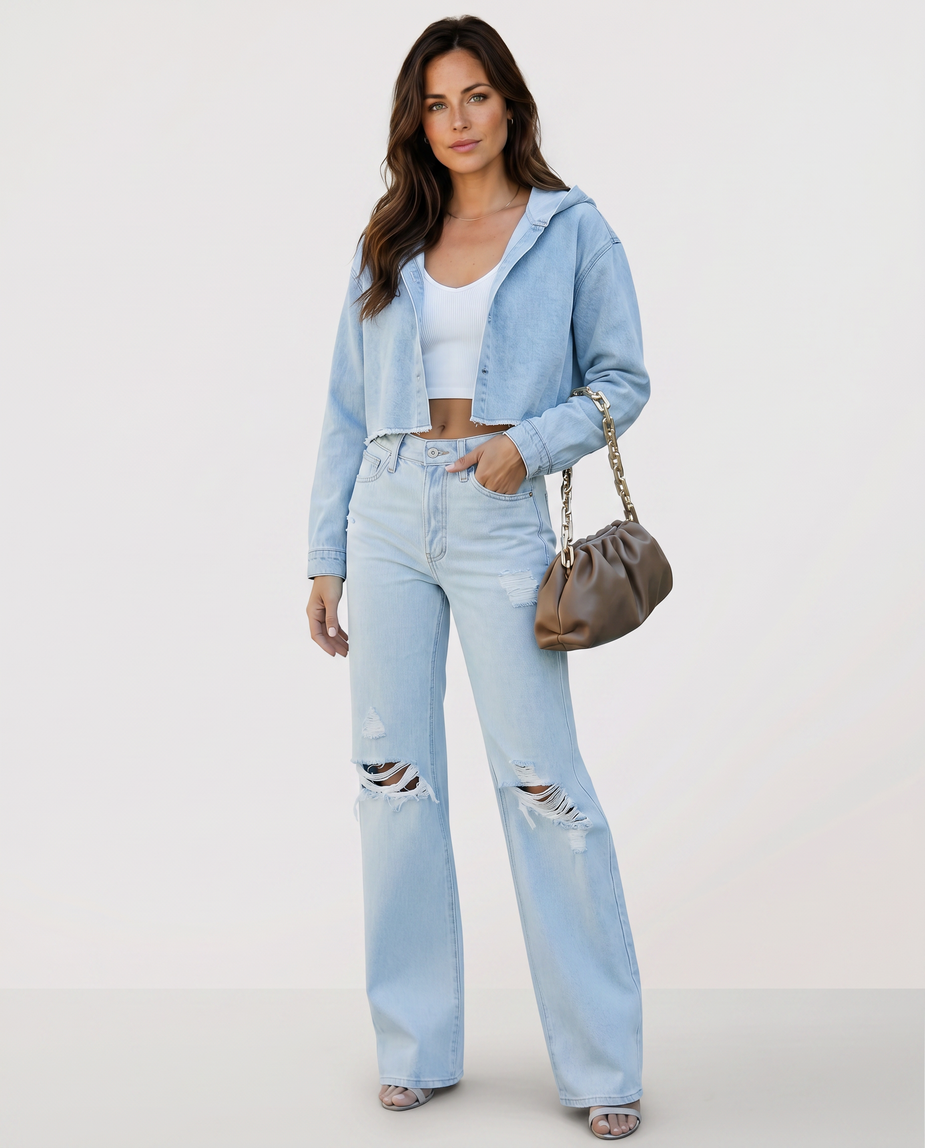 Women's Wide-Leg Distressed Casual Jeans Outfit for Work Casual Days Holidays and Everyday Wear