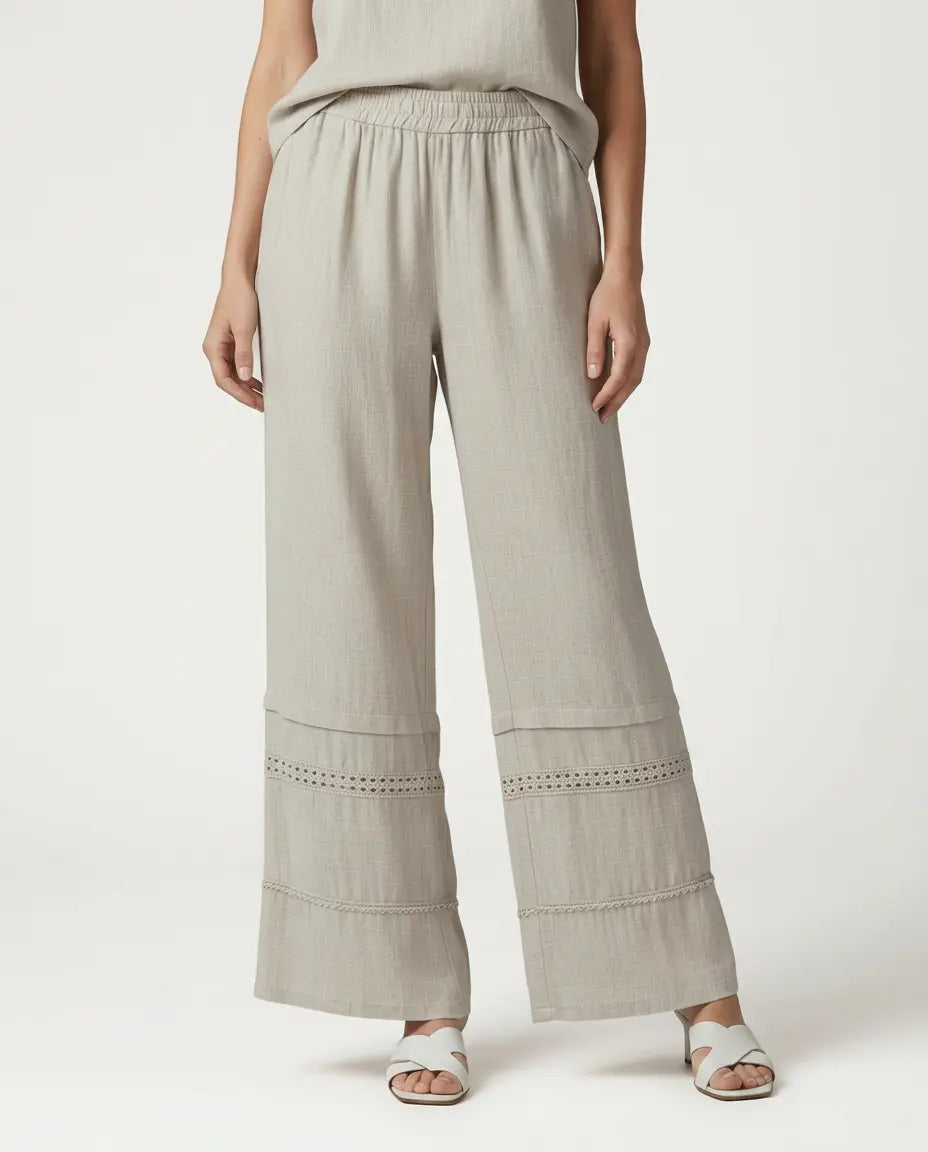 Women's Wide Leg Lace Trim Trousers Pants Outfit for Work Casual Days Holidays and Everyday Wear