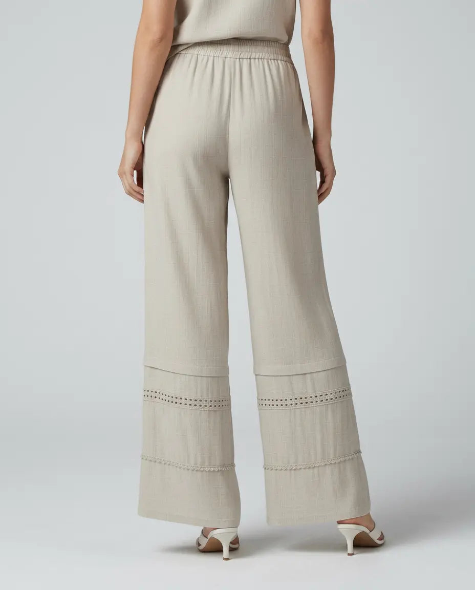 Women's Wide Leg Lace Trim Trousers Pants Outfit for Work Casual Days Holidays and Everyday Wear