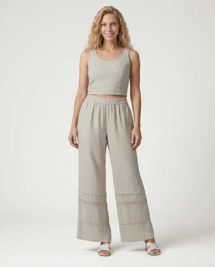 Women’s Elegant Wide Leg Trousers | Lace Trim Panels