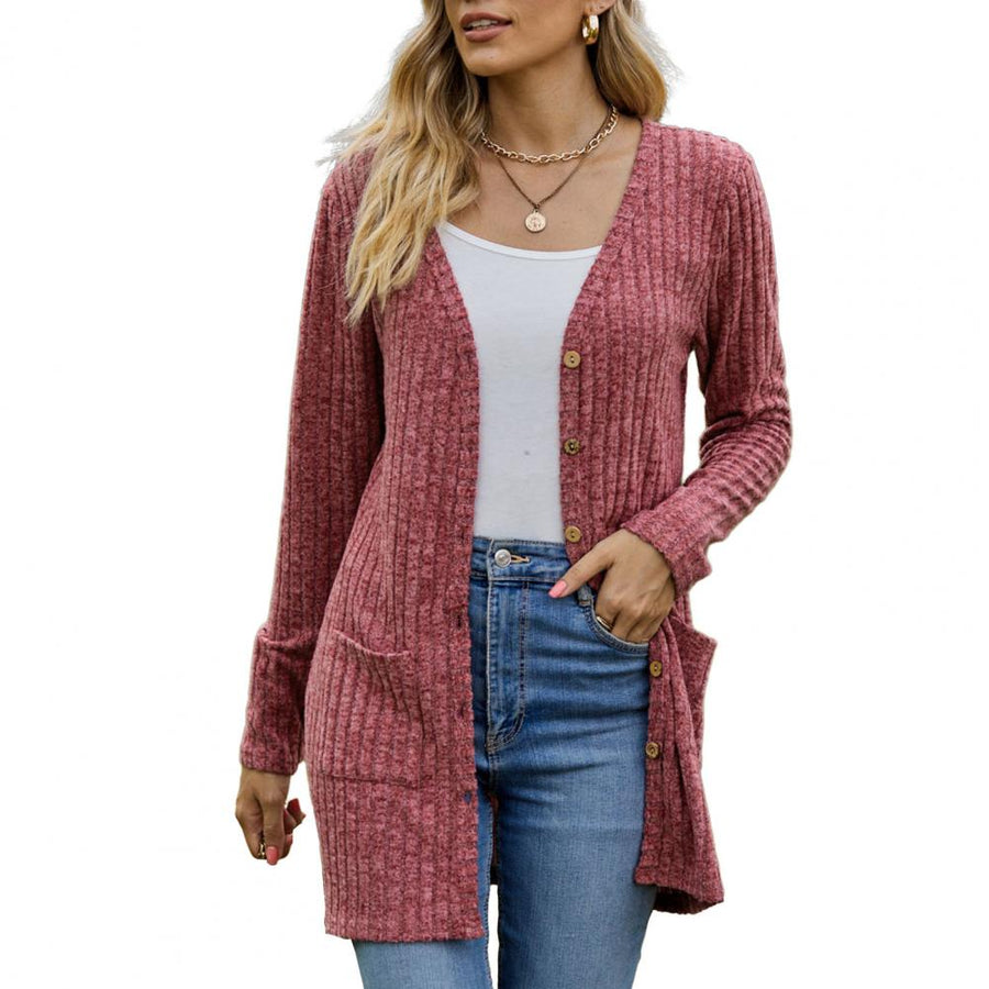 Women's Cardigan Sweater Ribbed Structure Patch Pockets Layered Casual