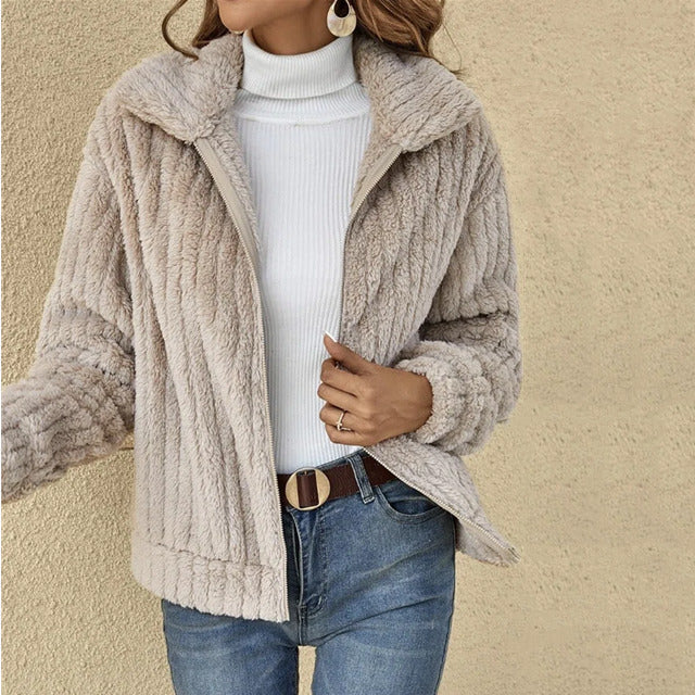 Women's Casual Teddy Fleece Jacket Relaxed Fit Long Sleeve Zip-Up Everyday Outerwear