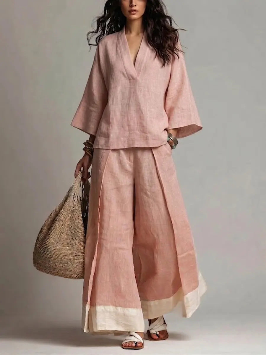 Women's Casual V-Neck Shirt Wide-Leg Pants Set Outfit for Work Brunch Casual Days and Everyday Wear