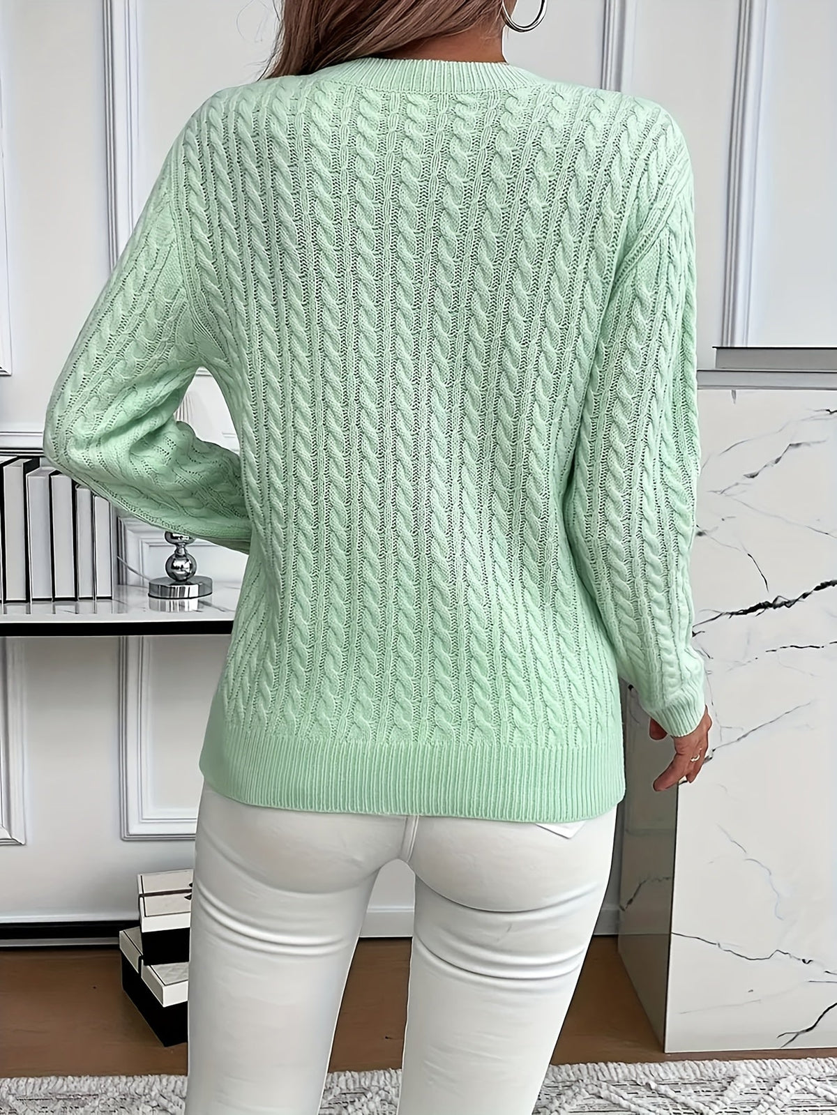 Women's Cozy Cable Knit Sweater Crewneck Long Sleeve Casual Everyday