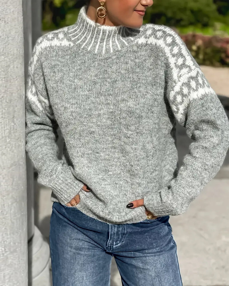 Women's Cozy Turtleneck Sweater Fair Isle Knit Relaxed Fit Casual Everyday