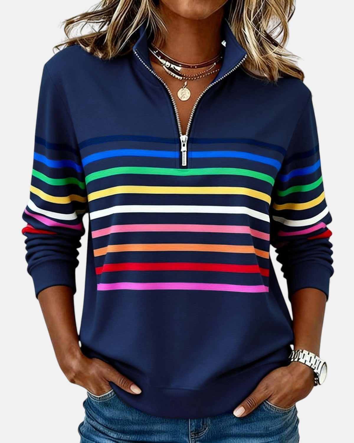 Women's Trendy Striped Quarter Zip Sweater Relaxed Fit Long Sleeve Casual Everyday