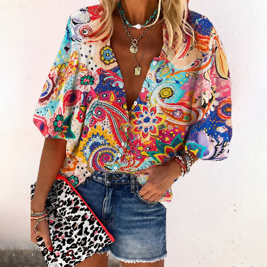 Women’s Effortless Floral Blouse | Casual V Neck Button Front Short Sleeve
