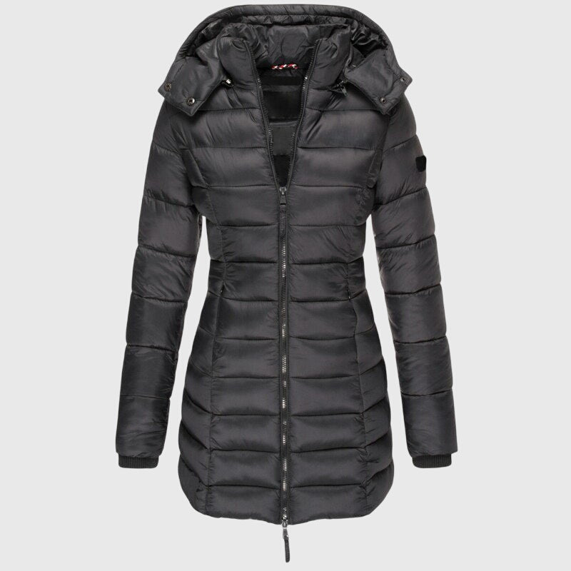 Women's Long Down Jacket Relaxed Fit Hooded Zip Closure Stylish Winter Outerwear