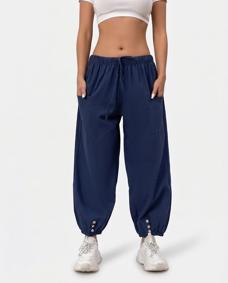 Women’s Casual Loose Pants with Button Hem