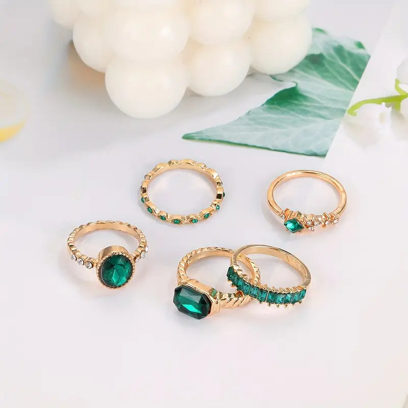 Women's Gold Emerald Ring Set Statement Jewellery Jewelry Gift for Women Weddings Parties Prom and Everyday Wear