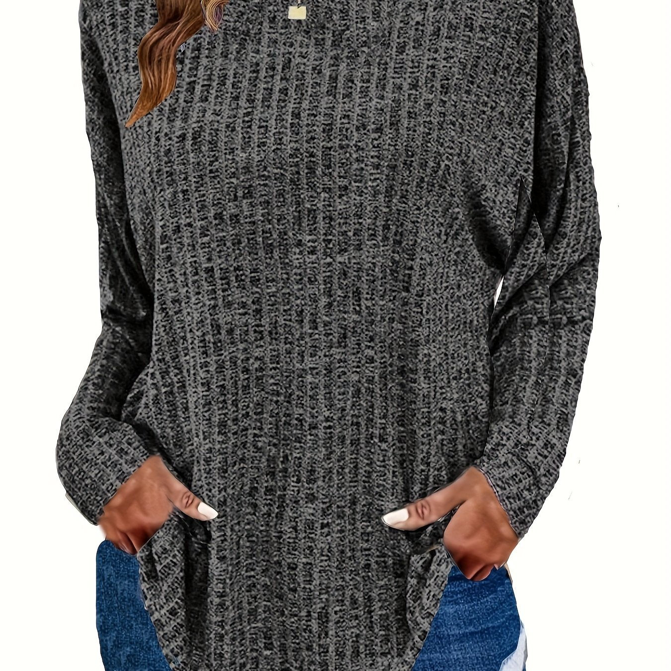 Women's Waffle Knit Tunic Sweater Curved Hem Long Sleeve Casual Everyday