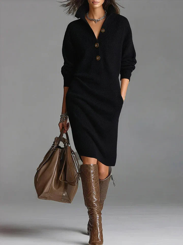 Women's Sweater Dress Ribbed Knit Button-Down Collar Midi Casual