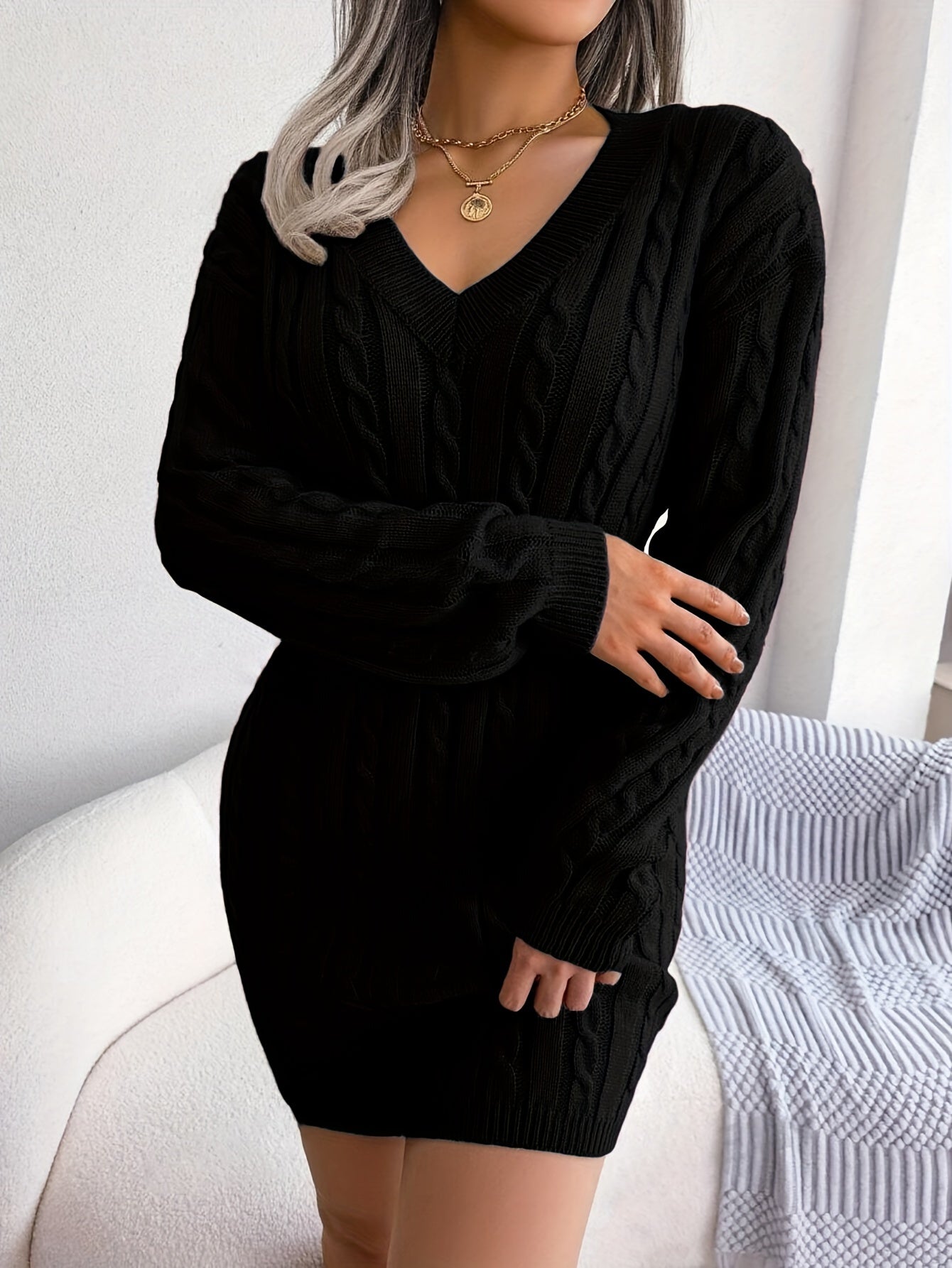 Women's Cable-Knit Peplum Sweater Dress Long Sleeve V-Neck Cozy Midi