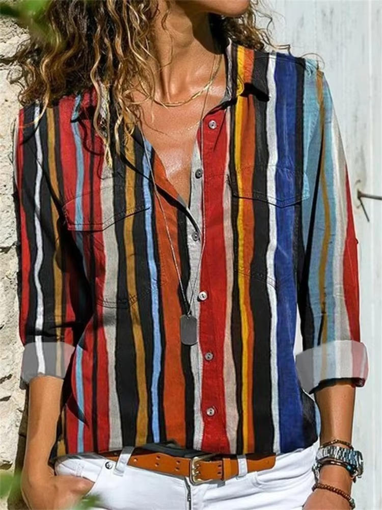 Women's Geometric Print Long Sleeve Shirt Outfit for Work Brunch Casual Days and Everyday Wear