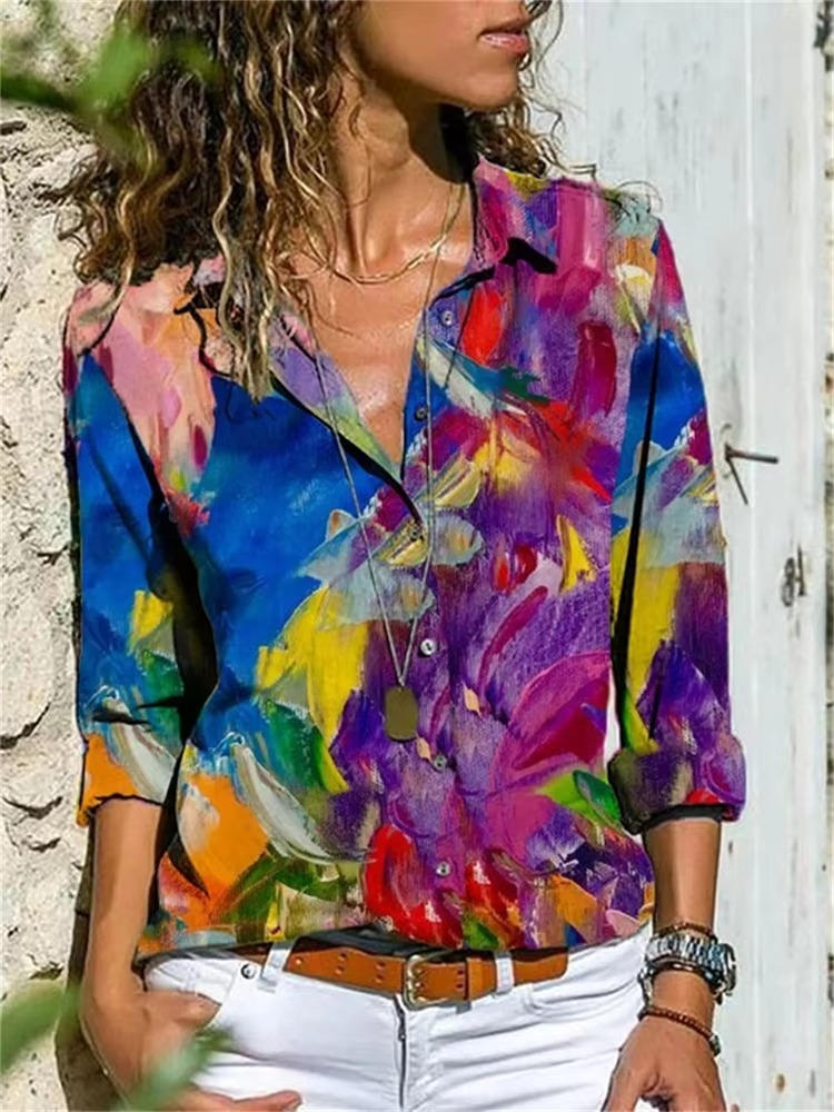 Women's Geometric Print Long Sleeve Shirt Outfit for Work Brunch Casual Days and Everyday Wear