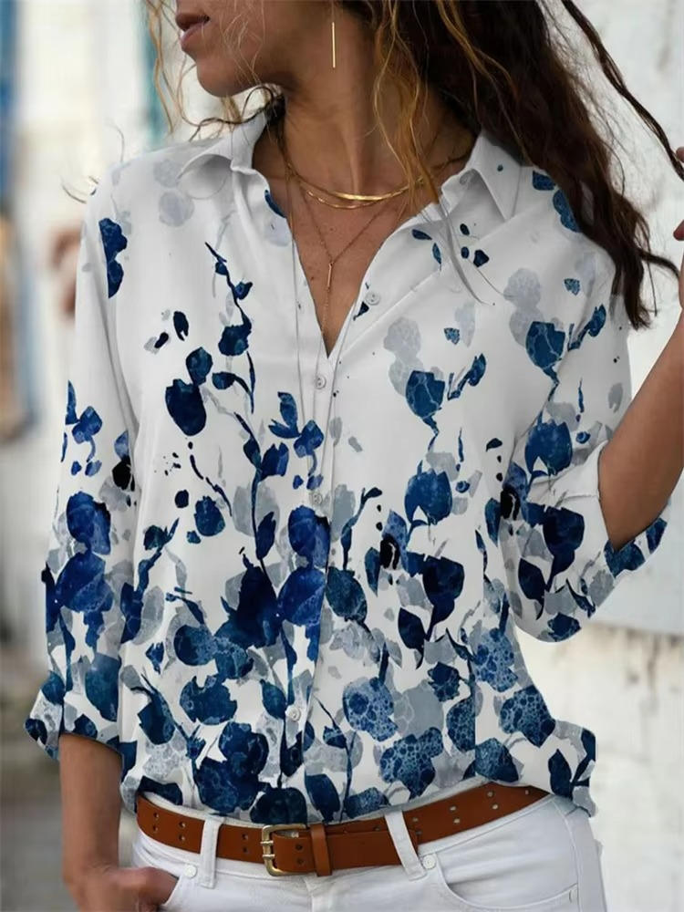Women's Geometric Print Long Sleeve Shirt Outfit for Work Brunch Casual Days and Everyday Wear