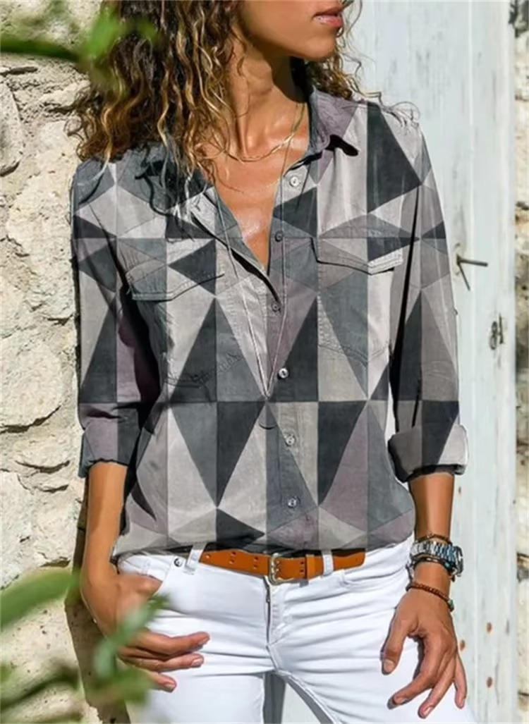 Women's Geometric Print Long Sleeve Shirt Outfit for Work Brunch Casual Days and Everyday Wear