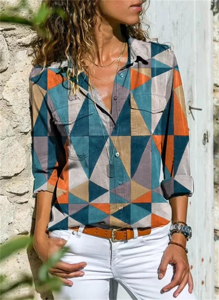 Women's Geometric Print Long Sleeve Shirt Outfit for Work Brunch Casual Days and Everyday Wear