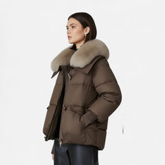Women's Chic Cropped Puffer Jacket Zip-Up Faux Fur Collar Stylish Layering