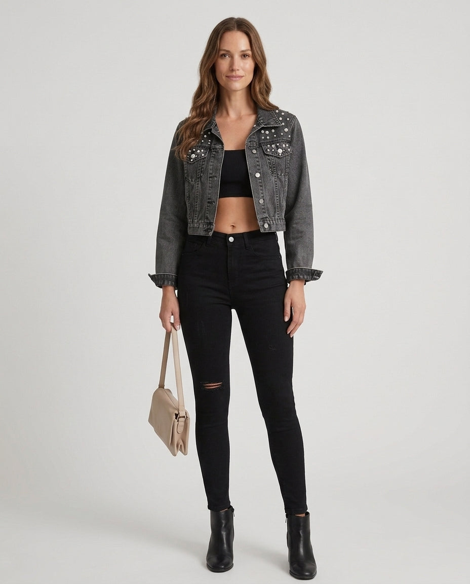 Women’s Denim Jacket with Pearl Embellishments