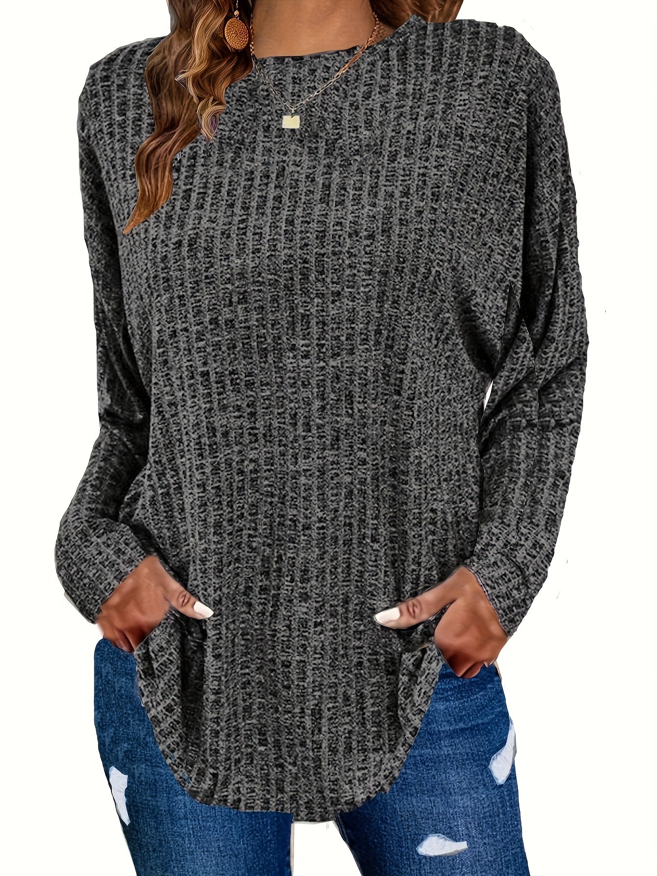 Women's Waffle Knit Tunic Sweater Curved Hem Long Sleeve Casual Everyday