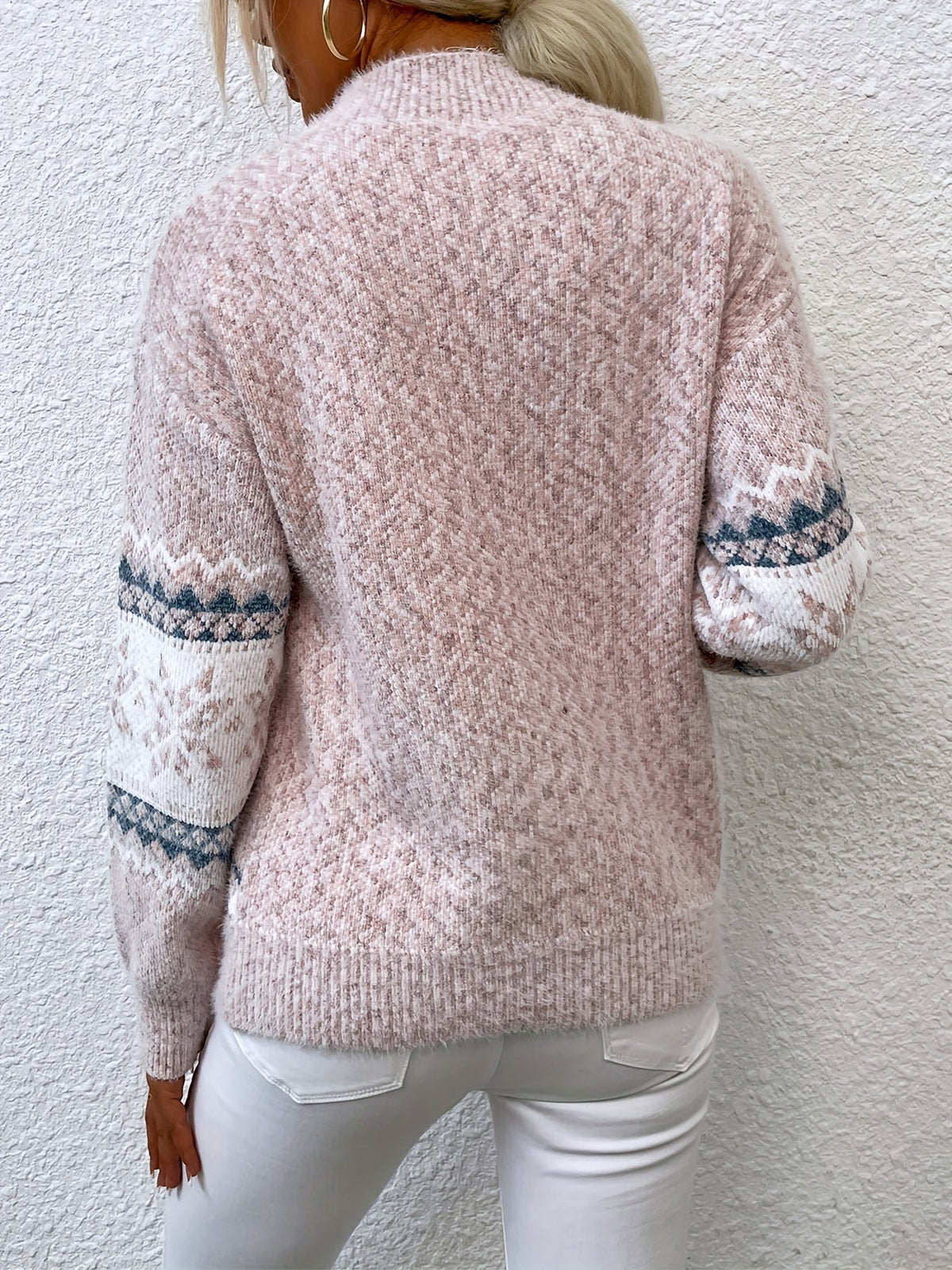 Women's Fair Isle Knit Sweater Mock Neck Long Sleeve Cozy Casual Stylish