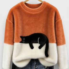 Women's Fluffy Color Block Sweater Classic Crewneck Relaxed Fit Casual Wear