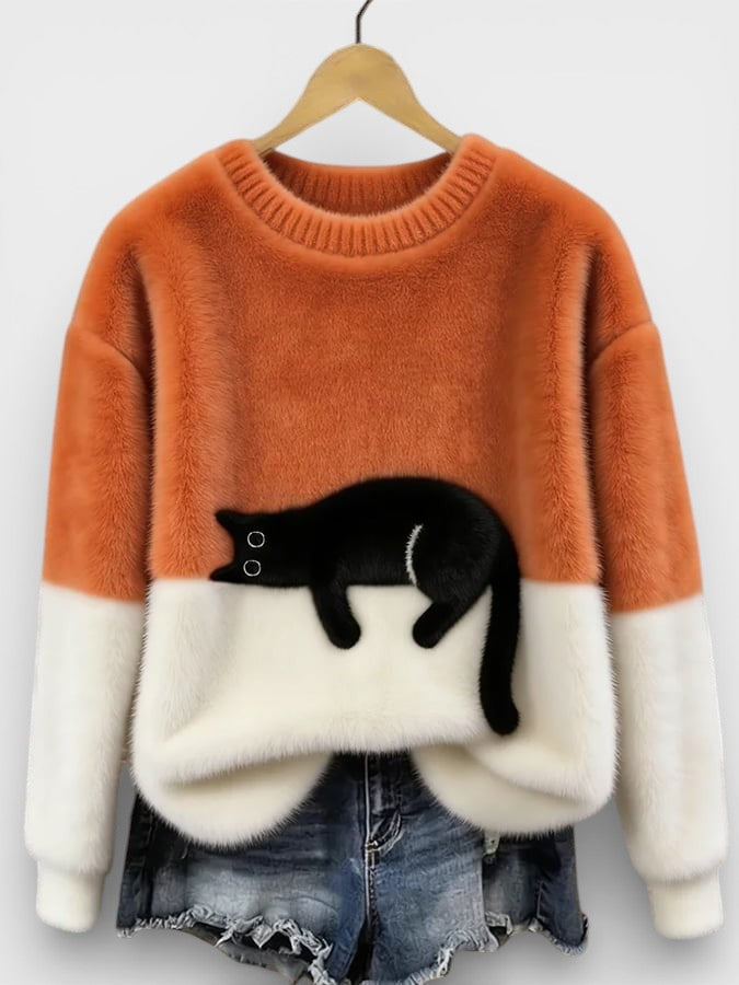 Women's Fluffy Color Block Sweater Classic Crewneck Relaxed Fit Casual Wear