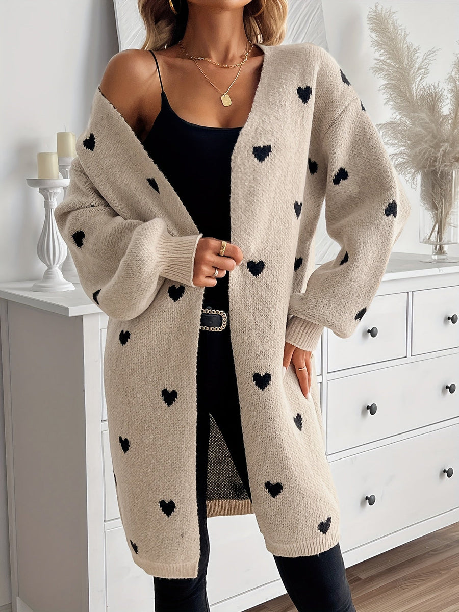 Women's Cardigan Sweater Open Front Heart Patterned Cozy Layering