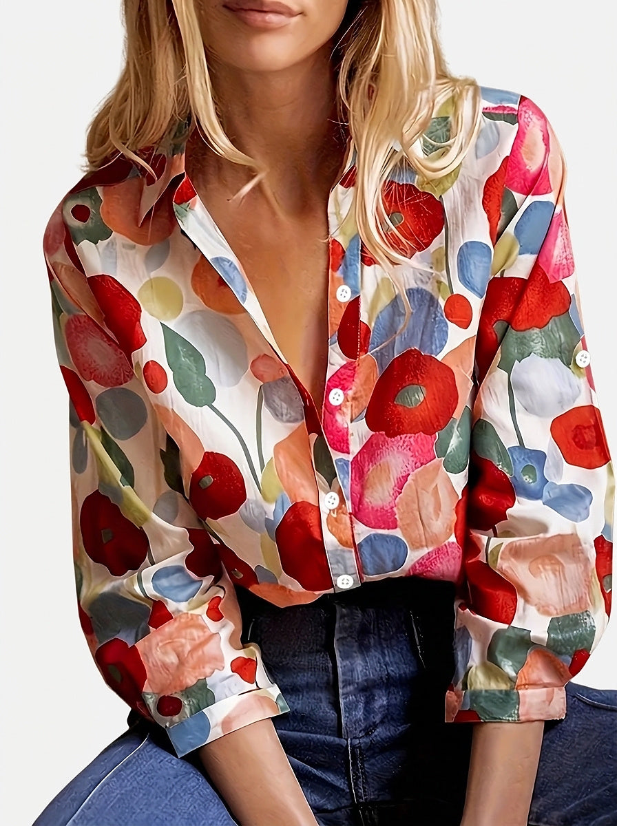 Women's Long Sleeve Button-Down Shirt with Floral Print
