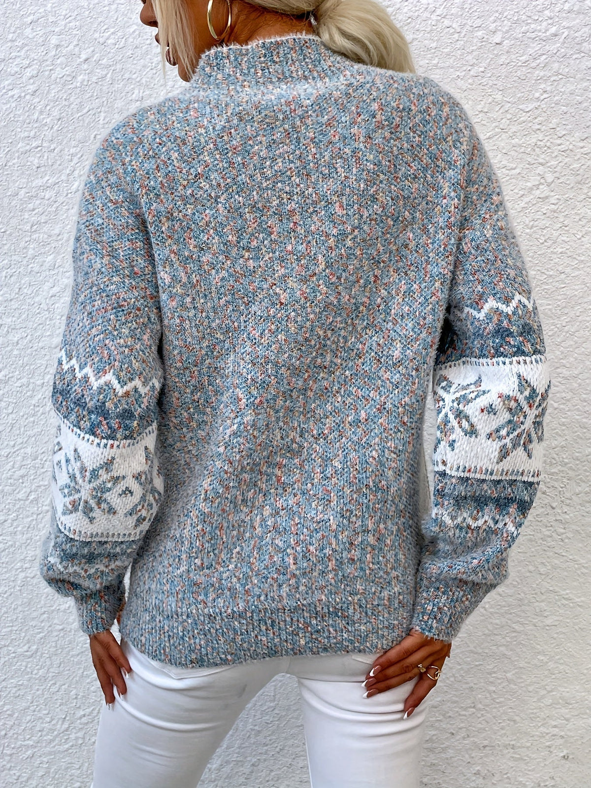 Women's Fair Isle Knit Sweater Mock Neck Long Sleeve Cozy Casual Stylish