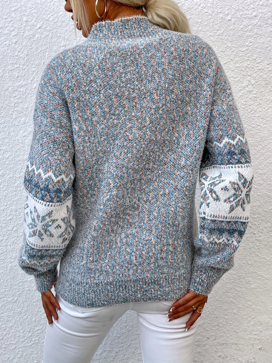 Women's Fair Isle Knit Sweater Mock Neck Long Sleeve Cozy Casual Stylish