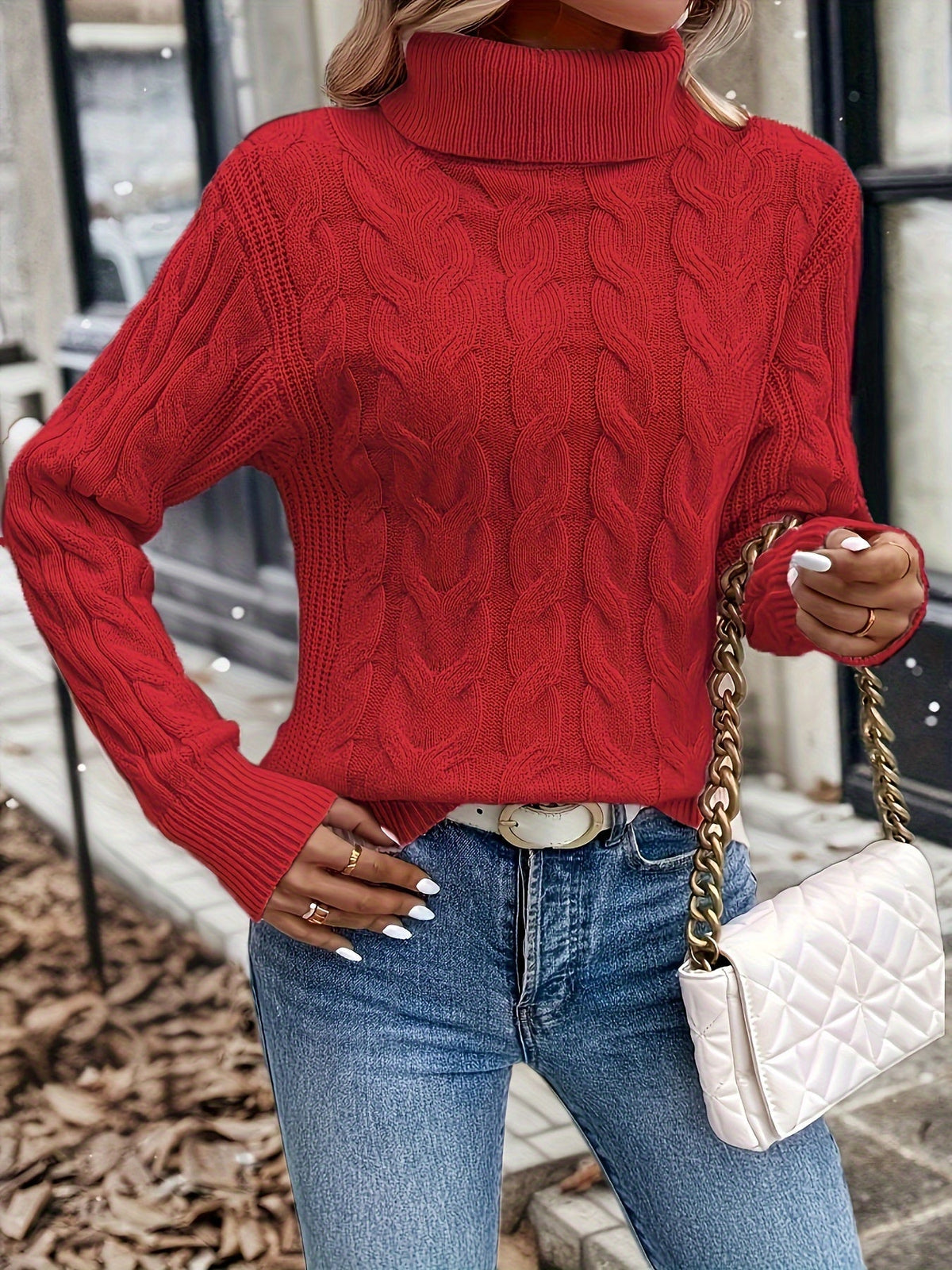 Women's Stylish Cable Knit Turtleneck Sweater Fitted Long Sleeve Cozy Casual