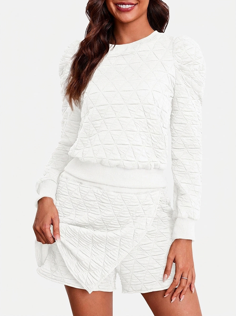 Women’s Two-Piece Lounge Set with Quilted Sweatshirt and Wrap Skort