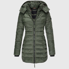 Women's Long Down Jacket Relaxed Fit Hooded Zip Closure Stylish Winter Outerwear