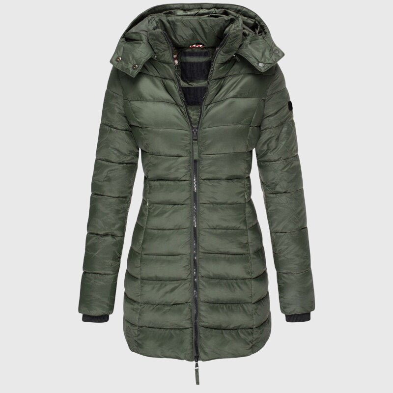 Women's Long Down Jacket Relaxed Fit Hooded Zip Closure Stylish Winter Outerwear