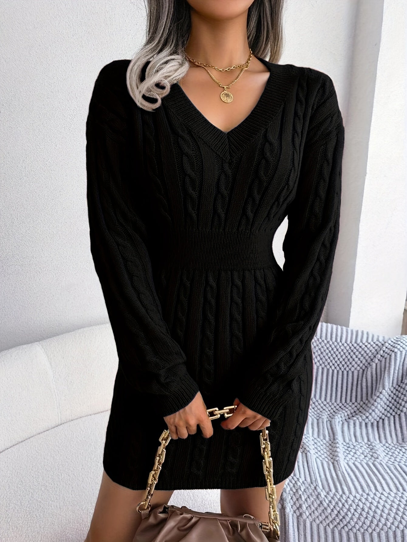 Women's Cable-Knit Peplum Sweater Dress Long Sleeve V-Neck Cozy Midi