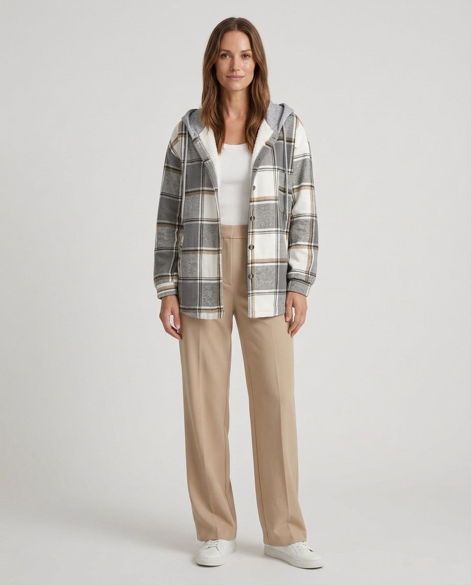 Women’s Plaid Hooded Jacket with Button Front