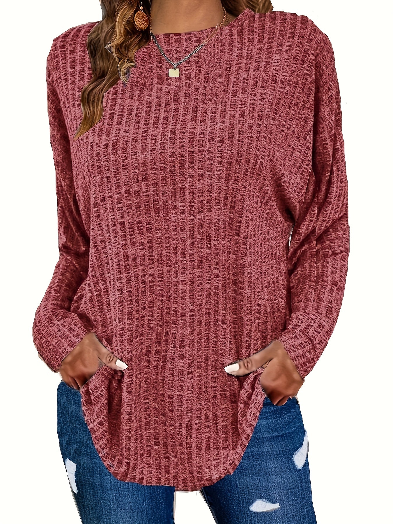 Women's Waffle Knit Tunic Sweater Curved Hem Long Sleeve Casual Everyday